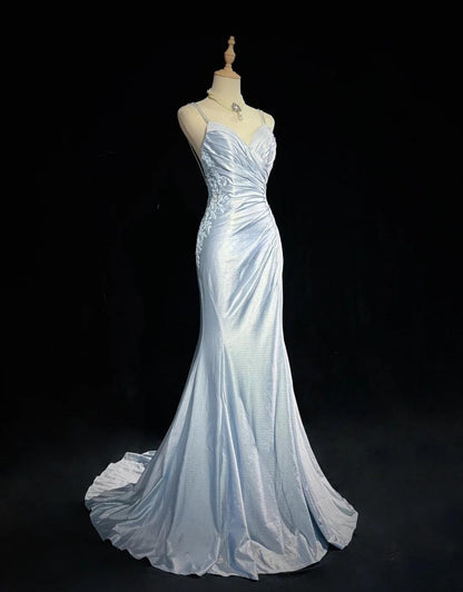 Beautiful Spaghetti Strap Mermaid Glitter Satin Long Prom Backless Applique Evening Gown Simple Wedding Dress ED01863