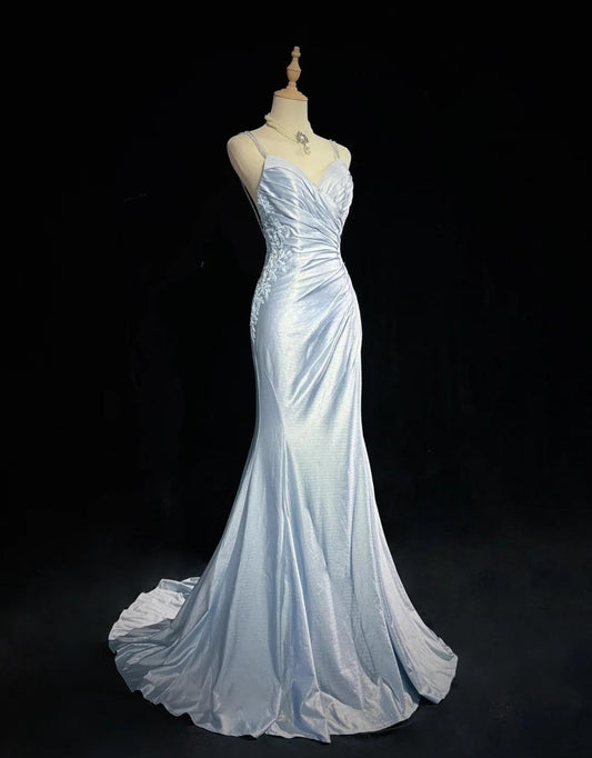 Beautiful Spaghetti Strap Mermaid Glitter Satin Long Prom Backless Applique Evening Gown Simple Wedding Dress ED01863