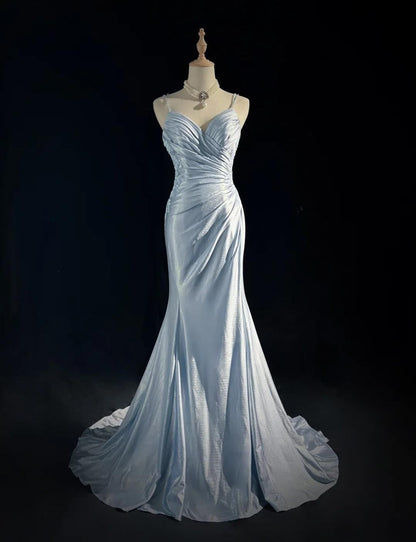 Spaghetti Strap Mermaid Glitter Satin Long Prom Backless Applique Evening Gown Simple Wedding Dress HZ1024