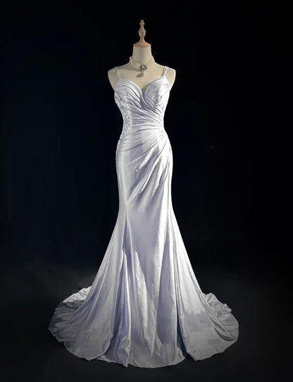 Spaghetti Strap Mermaid Glitter Satin Long Prom Backless Applique Evening Gown Simple Wedding Dress HZ1024