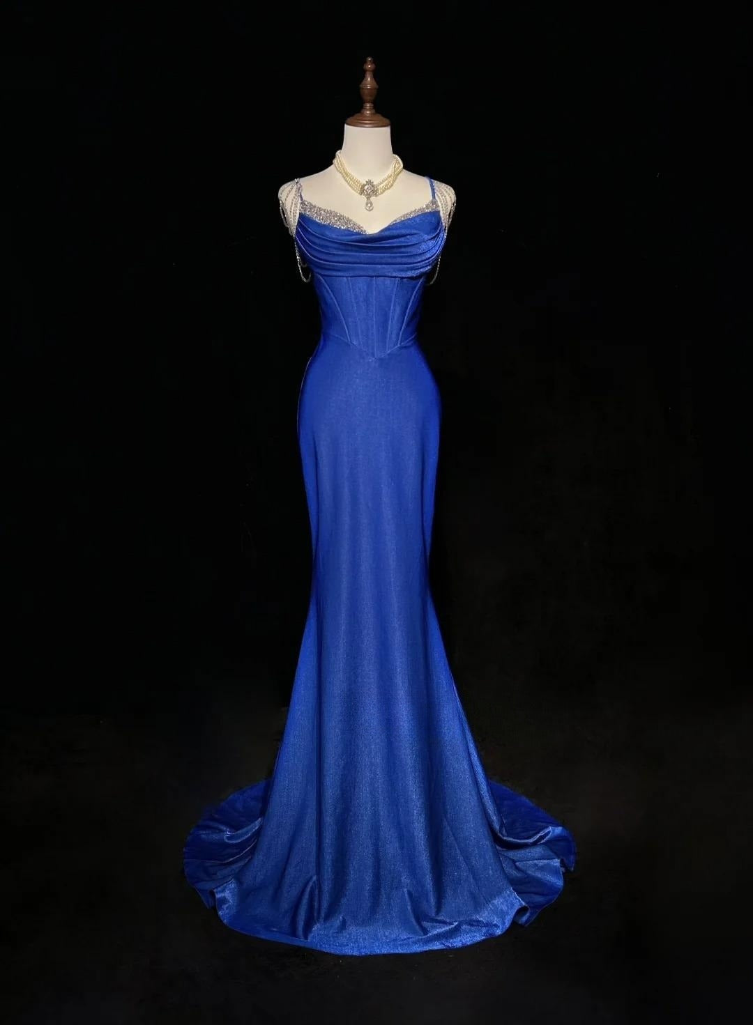 Blue Elegant Mermaid Satin Spaghetti Strap Long Prom Dress Beaded Formal Evening Gown HZ1024