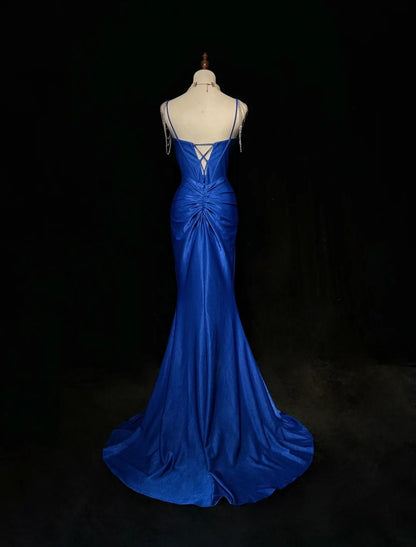 Blue Elegant Mermaid Satin Spaghetti Strap Long Prom Dress Beaded Formal Evening Gown HZ1024