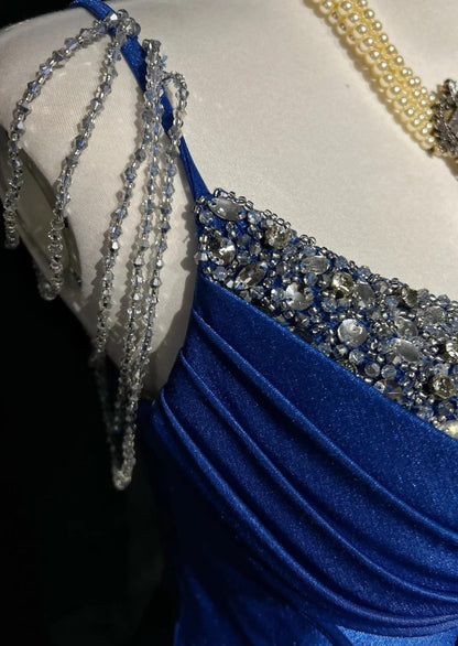 Royal Blue Elegant Mermaid Satin Spaghetti Strap Long Prom Dress Beaded Formal Evening Gown ED01864