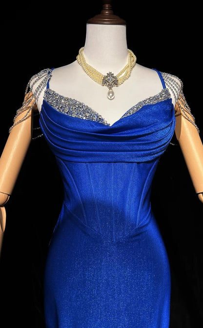 Royal Blue Elegant Mermaid Satin Spaghetti Strap Long Prom Dress Beaded Formal Evening Gown ED01864
