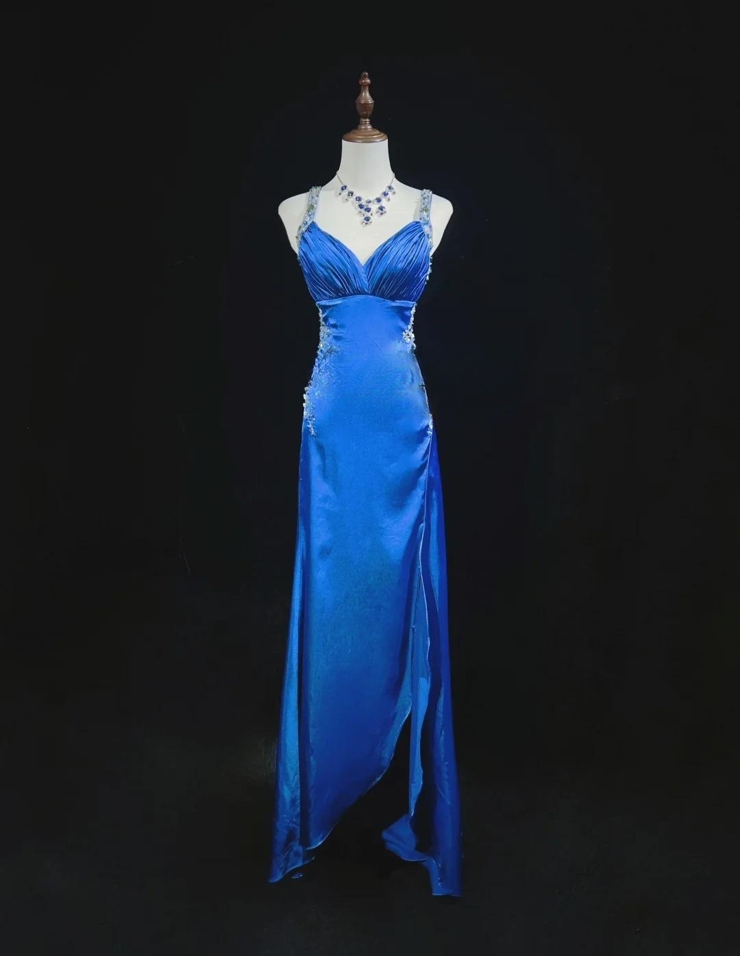 Backless Beaded Satin Sheath Royal Blue Long Prom Dress Formal Evening Gown HZ1024