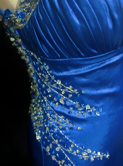 Backless Beaded Satin Sheath Royal Blue Long Prom Dress Formal Evening Gown HZ1024