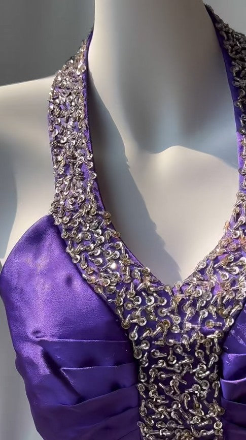 Purple Halter Satin Sheath Beaded Sequins Backless Prom Dress Temperament Evening Dress HZ1024