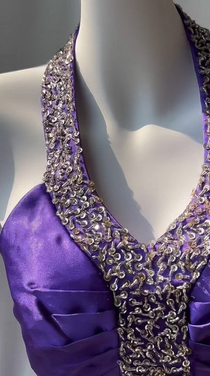 Purple Halter Satin Sheath Beaded Sequins Backless Prom Dress Temperament Evening Dress HZ1024
