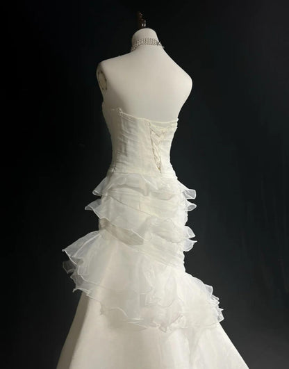 White Strapless Mermaid Organza Long Prom Dress Simple Wedding Dress HZ1024