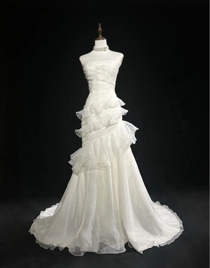 White Strapless Mermaid Organza Long Prom Dress Simple Wedding Dress HZ1024