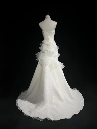 White Strapless Mermaid Organza Long Prom Dress Simple Wedding Dress HZ1024