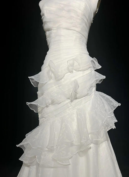 White Strapless Mermaid Organza Long Prom Dress Simple Wedding Dress HZ1024