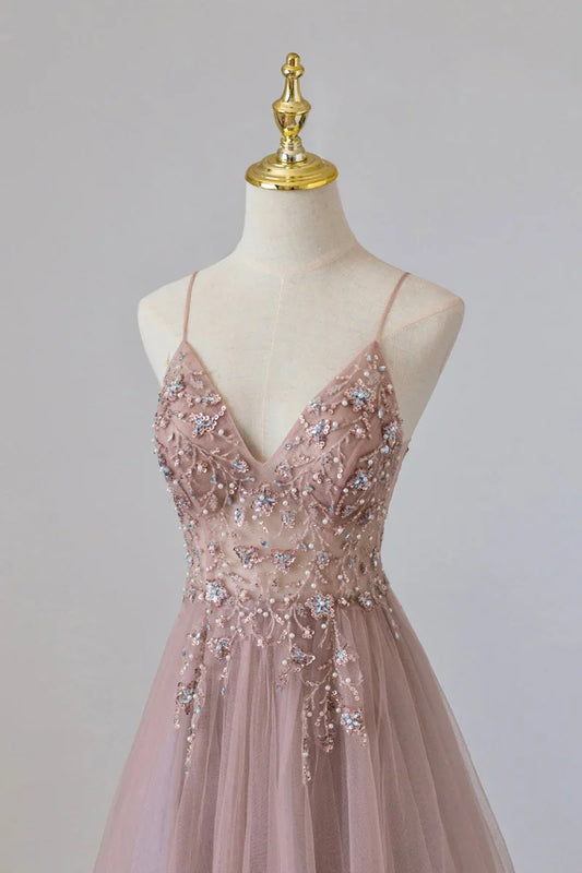 Pink Tulle Long A-Line Prom Dress, Pink Spaghetti Formal Dress with Beaded ED01879