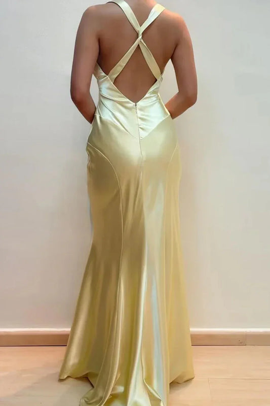 Simple Sheath V Neck Yellow Long Backless Prom Dress  Sleeveless Party Dress ED01880