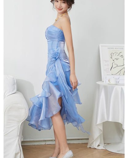 Blush Pink Spaghetti Straps Sleeveless Chiffon Prom Dress Vintage Birthday Evening Dress HZ1024