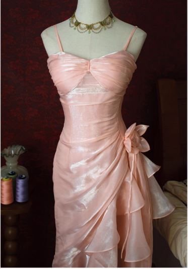 Blush Pink Spaghetti Straps Sleeveless Chiffon Prom Dress Vintage Birthday Evening Dress HZ1024
