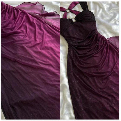 dresses under $160||Elegant Gradient Navy Blue Sheath Spaghetti Straps Sparkling Chiffon Prom Dress for Party HZ1024