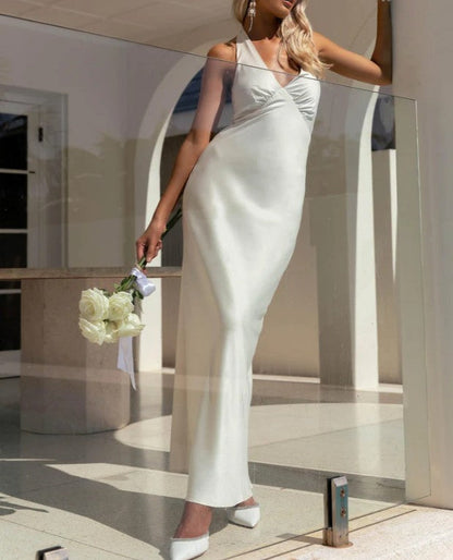 V-neck Sheath Halter Satin Backless Long Prom Dress Pretty Evening Dress HZ1024