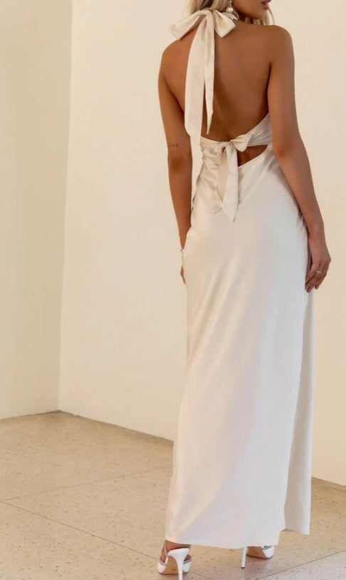 V-neck Sheath Halter Satin Backless Long Prom Dress Pretty Evening Dress HZ1024