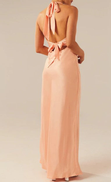 V-neck Sheath Halter Satin Backless Long Prom Dress Pretty Evening Dress HZ1024