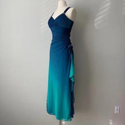 Gradient Blue Glitter Chiffon Sweetheart Neck Prom Dress Birthday Dress HZ1024