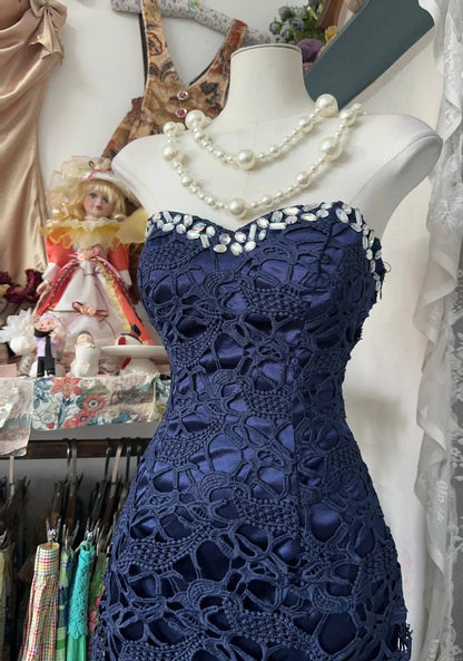 Navy Mermaid Strapless Prom Dress Backless Chiffon Birthday Evening Dress HZ1024