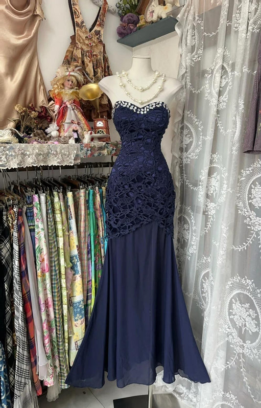 Navy Mermaid Strapless Prom Dress Backless Chiffon Birthday Evening Dress HZ1024