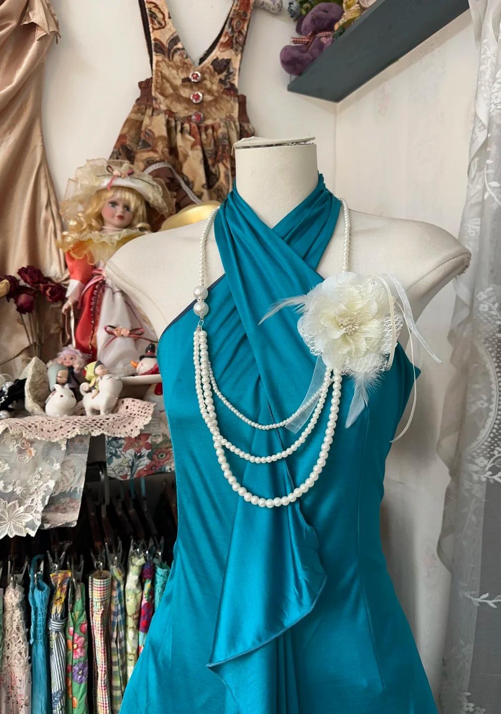 Turquoise A-line Halter Satin Prom Dress Sexy Sleeveless Party Dress ED01894