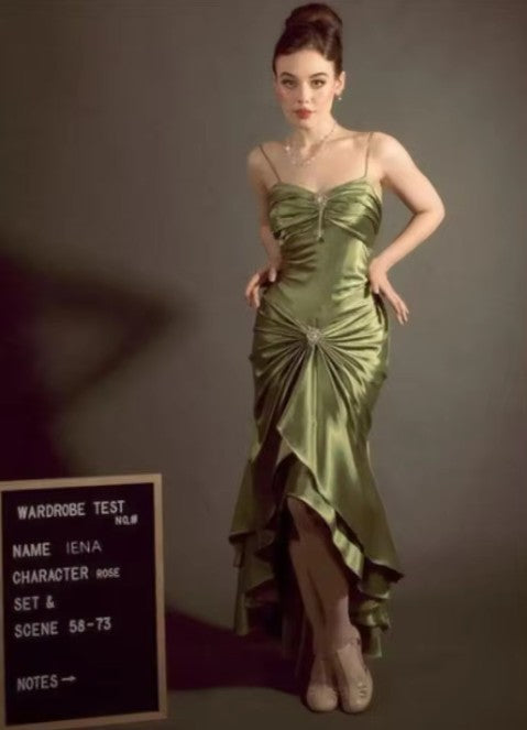 Elegant Spaghetti Strap Mermaid Satin Dark Green Long Prom Dress Gorgeous Evening Dress ED01896