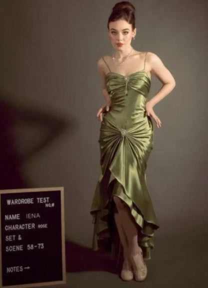 Elegant Spaghetti Strap Mermaid Satin Dark Green Long Prom Dress Gorgeous Evening Dress ED01896