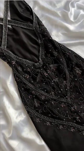 Black Beaded Halter Neck Mermaid Chiffon Prom Dress for Party Enchanted Backless Sleeveless Evening Gown HZ1024