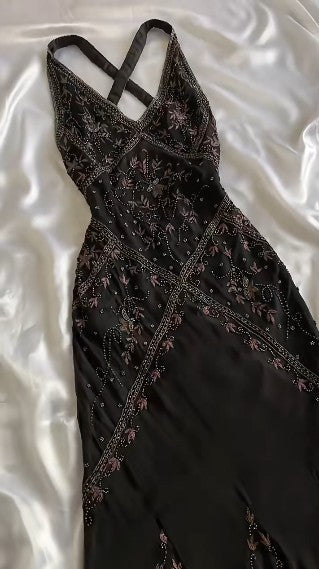 Vintage Black Beaded Halter Neck Mermaid Chiffon Prom Dress for Party Enchanted Backless Sleeveless Evening Gown ED01897