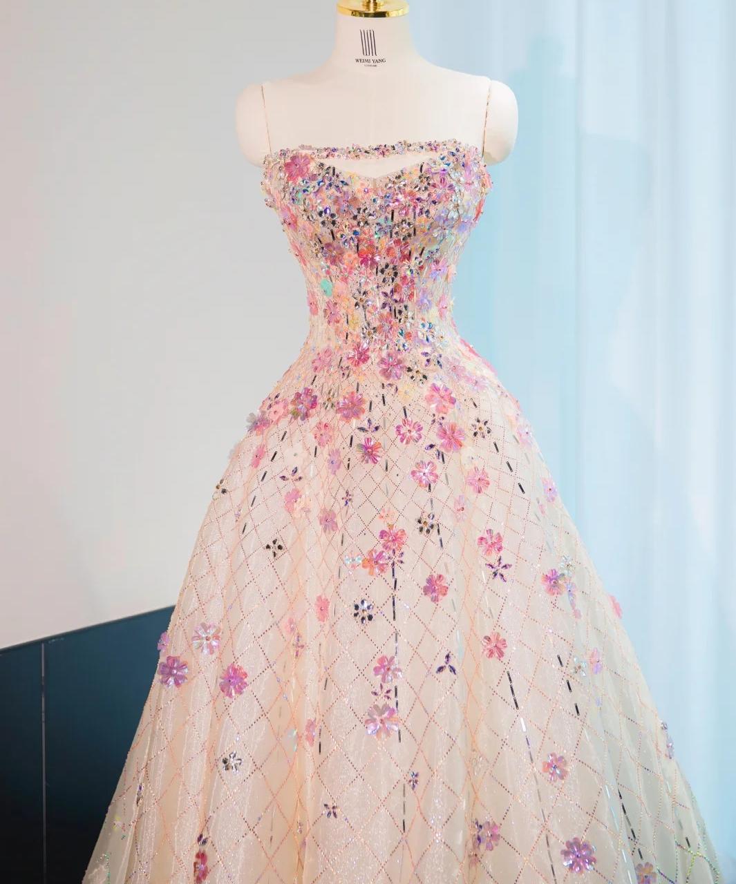 Pink Beaded Flowers A-Line Strapless Long Prom Dress Gorgeous Formal Evening Dress HZ1024