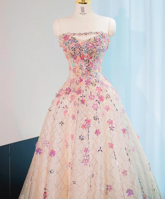 Pink Beaded Flowers A-Line Strapless Long Prom Dress Gorgeous Formal Evening Dress HZ1024