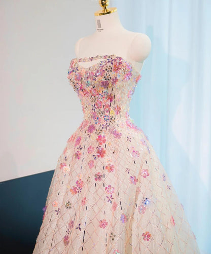 Beautiful Pink Beaded Flowers A-Line Strapless Long Prom Dress Gorgeous Formal Evening Dress ED01899
