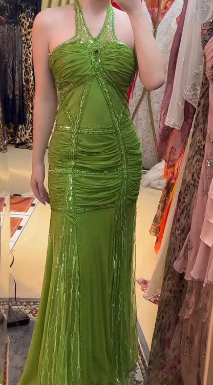 Green Halter Mermaid Chiffon Beaded Sequin Prom Dress Elegant Formal Evening Dress HZ1024