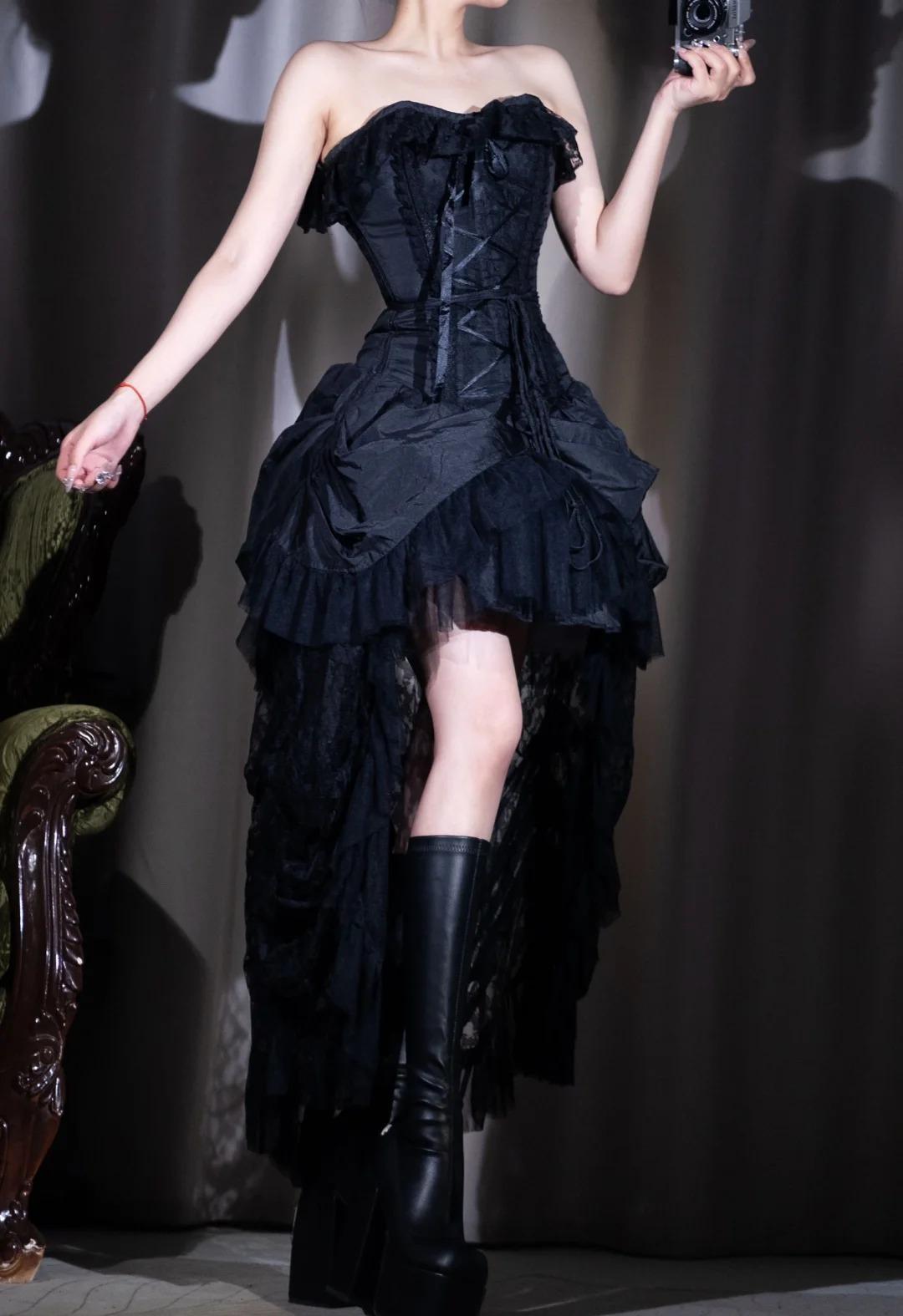 Black Personality Lace A-Line Strapless Prom Dress Birthday DressED01902