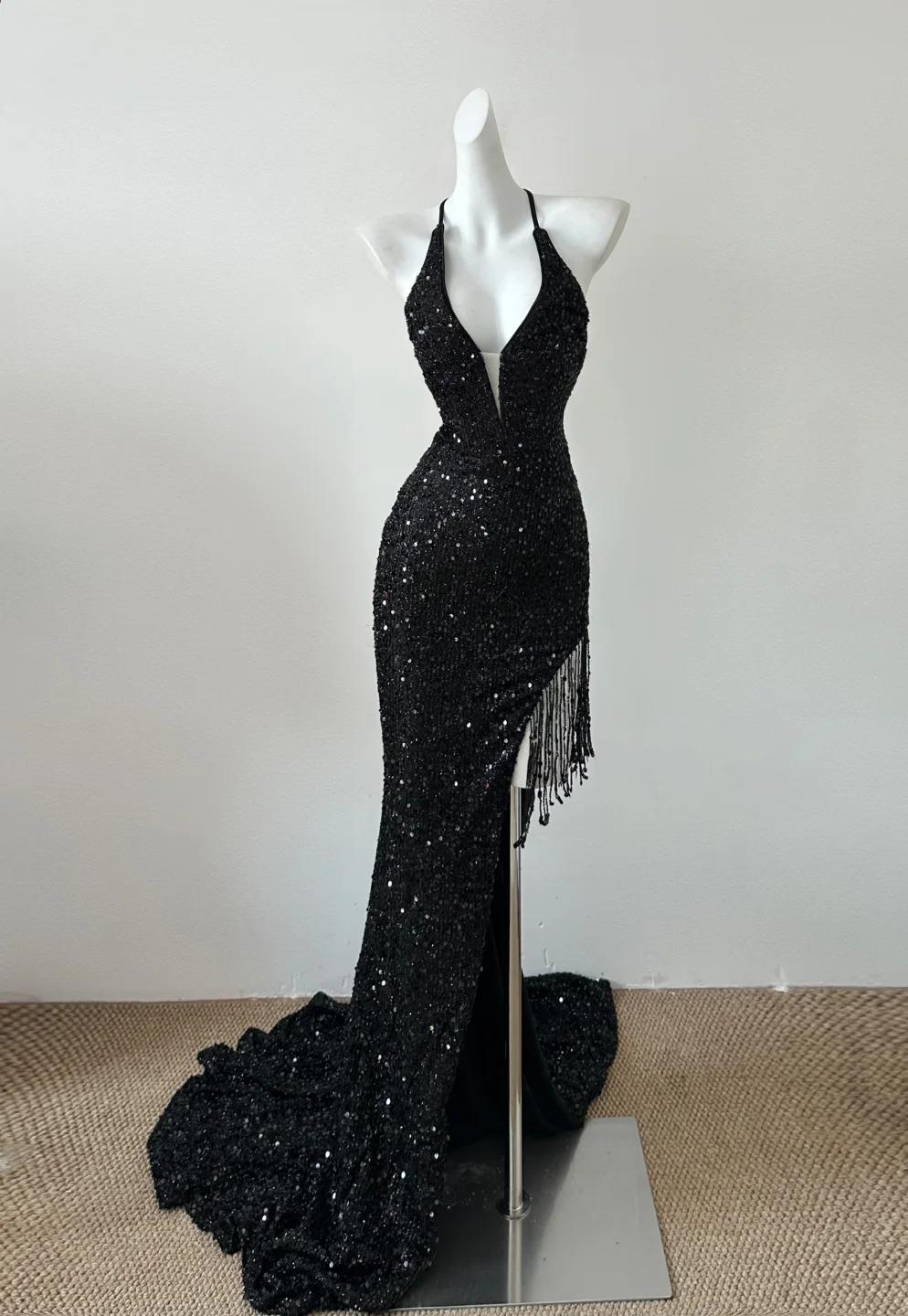 Black Sequin Mermaid Spaghetti Strap Vling Long Prom Dress Backless Formal Evening Dress HZ1024