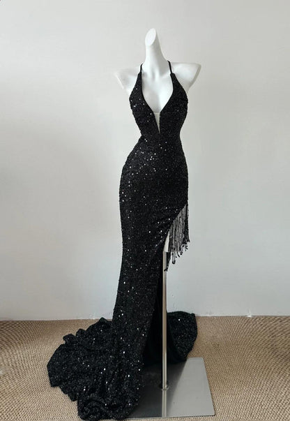 Black Sequin Mermaid Spaghetti Strap Vling Long Prom Dress Backless Formal Evening Dress HZ1024