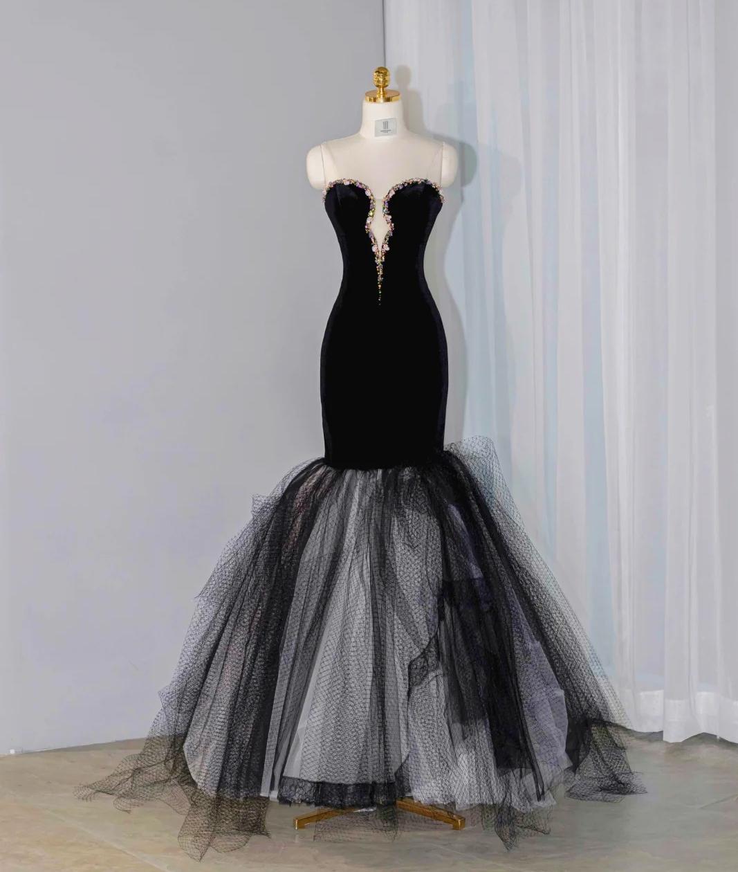 Black Velvet Mermaid Strapless Beaded Long Prom Dress Tulle Formal Evening Dress HZ1024