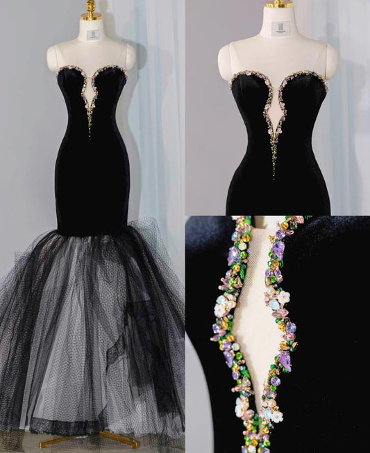 Black Velvet Mermaid Strapless Beaded Long Prom Dress Tulle Formal Evening Dress HZ1024