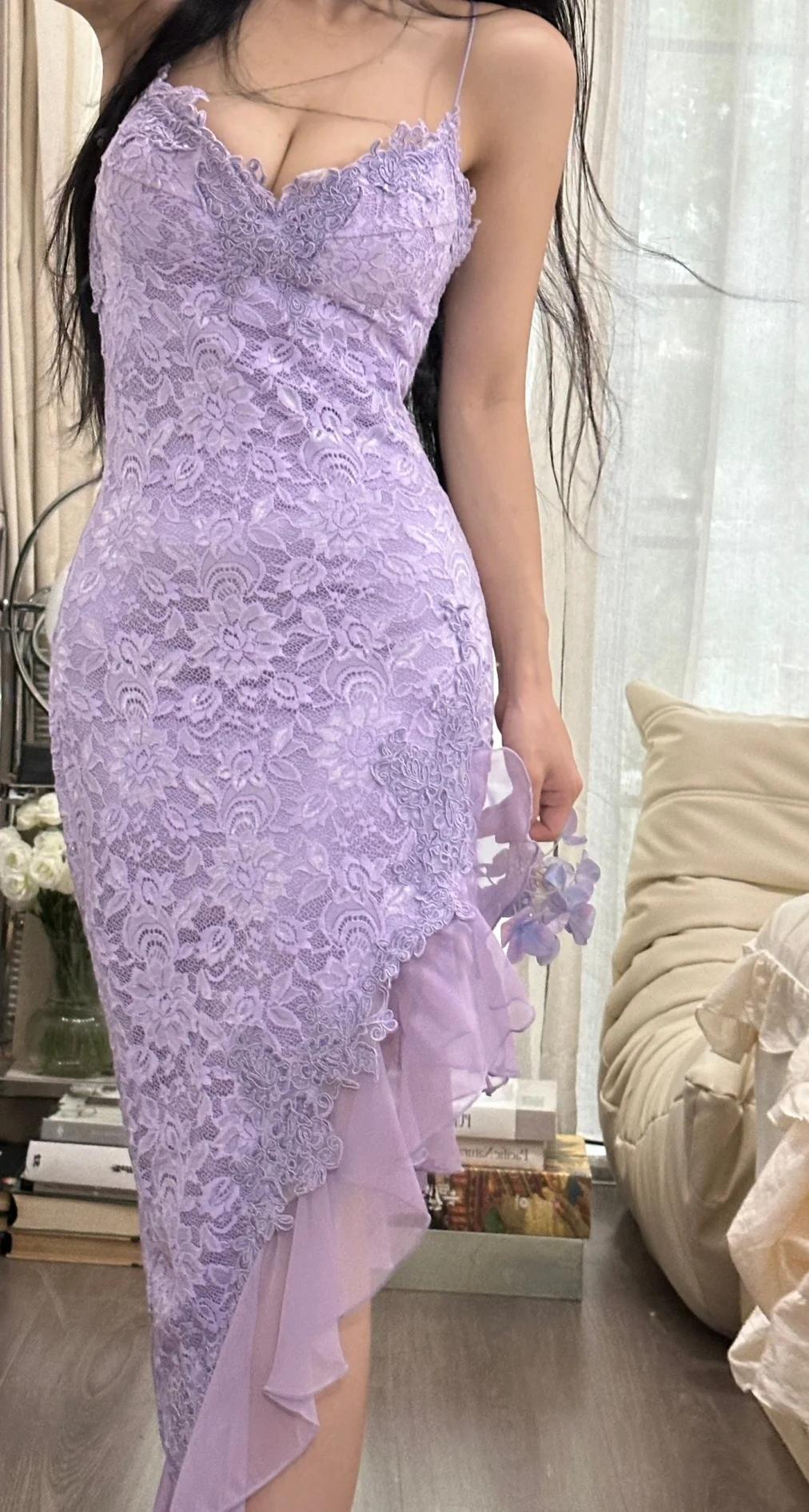 Purple Sheath Spaghetti Strap Chiffon Applique Prom Dress Gorgeous Party Dress HZ1024