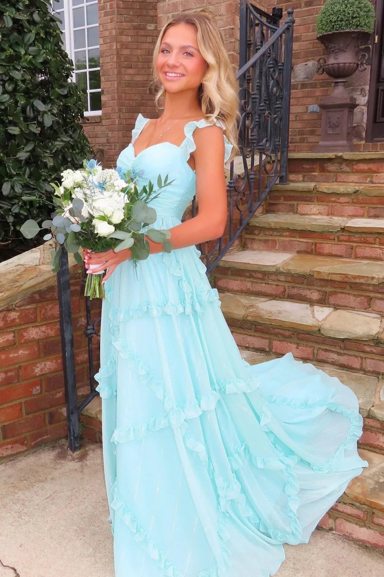 _©µEnchanted Blue Sweetheart A-Line Prom Dress & Wedding Dress__- Elegant Chiffon Ruffled Birthday Party Dress ED01912