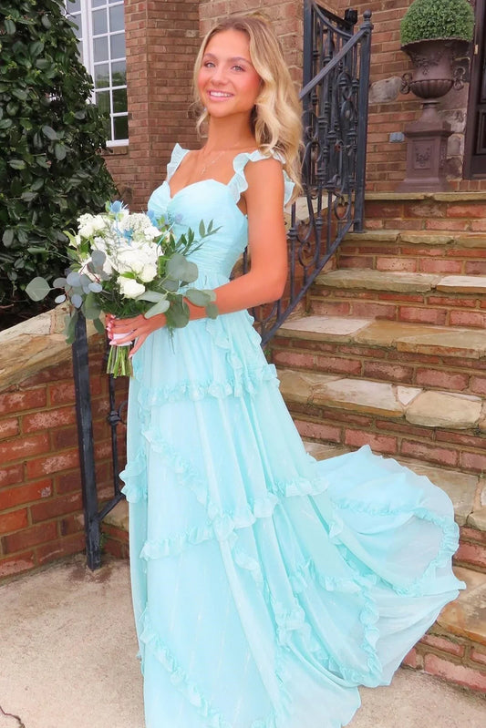 _©µEnchanted Blue Sweetheart A-Line Prom Dress & Wedding Dress__- Elegant Chiffon Ruffled Birthday Party Dress ED01912