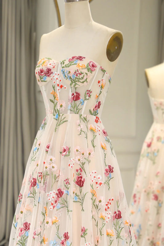 Sweet 16 __ Strapless A-line Floral Prom Dress &Wedding Dress- __ Gorgeous Embroidery Applique & Tulle Evening for Birthday, Graduation ED01914