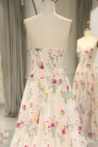 16 ?? Strapless A-line Floral Prom Dress &Wedding Dress- ?? Gorgeous Embroidery Applique & Tulle Evening for Birthday, Graduation HZ1024