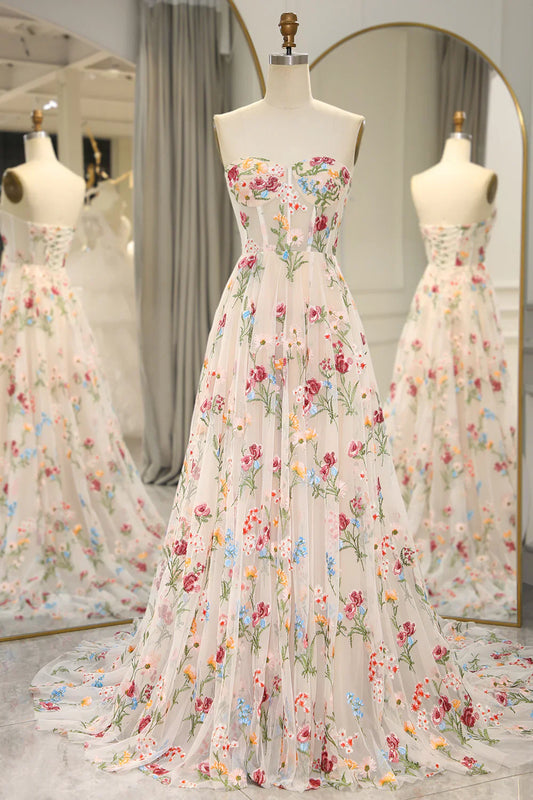 Sweet 16 __ Strapless A-line Floral Prom Dress &Wedding Dress- __ Gorgeous Embroidery Applique & Tulle Evening for Birthday, Graduation ED01914