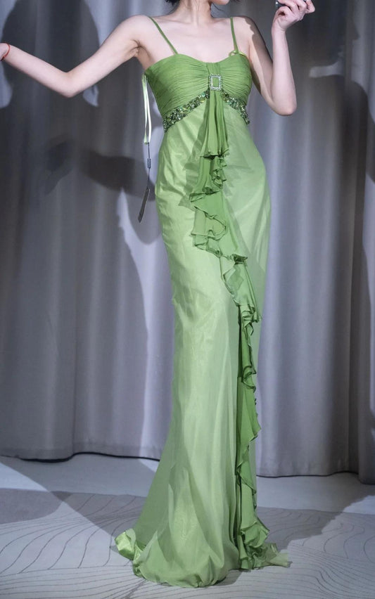 __ Vintage-Inspired Green Evening Mermaid Gown _ Gentle Flowy Chiffon Ruffled & Beading Prom Dress for Birthday, Party** ED01916
