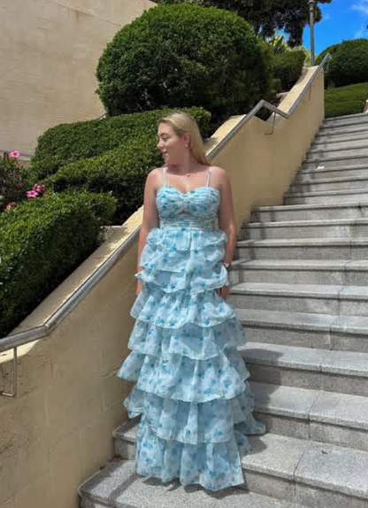 __ Enchanted Blue A-Line Evening Gown _ Sweet Floral Layered Prom Dress for Special Occasion _ED01918