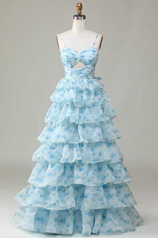 Enchanted Blue A-Line Evening Gown ¨C Sweet Floral Layered Prom Dress for Special Occasion HZ1024